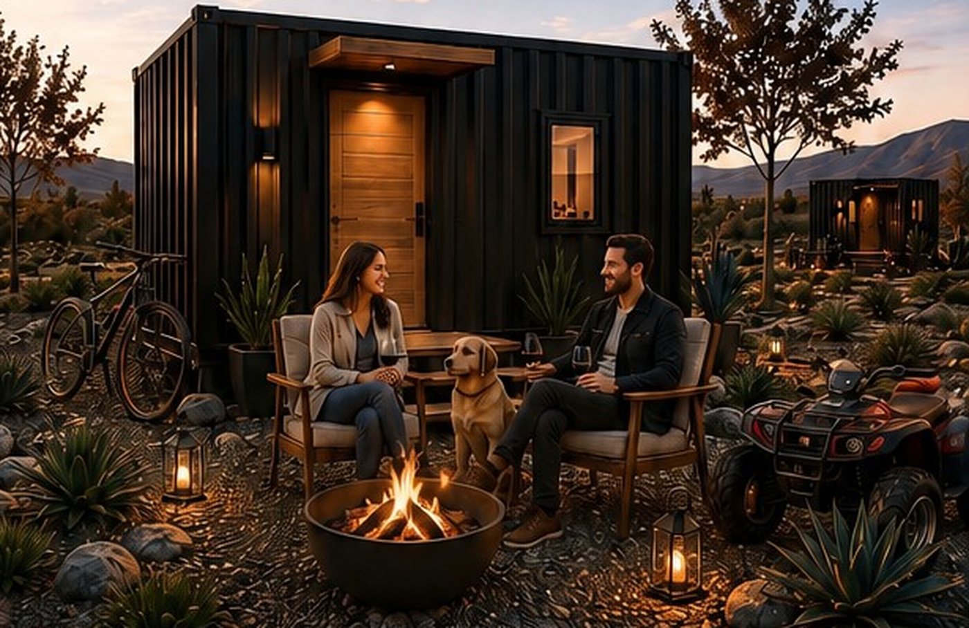 Pareja frente a una Eco Villa junto al fogatero