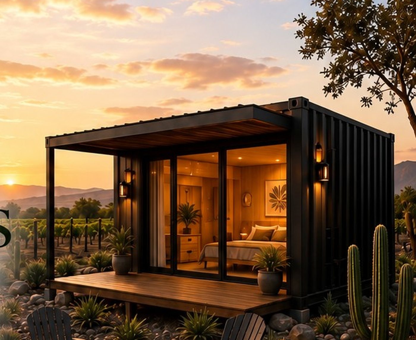 Eco Villa en contenedor de 20 pies al atardecer