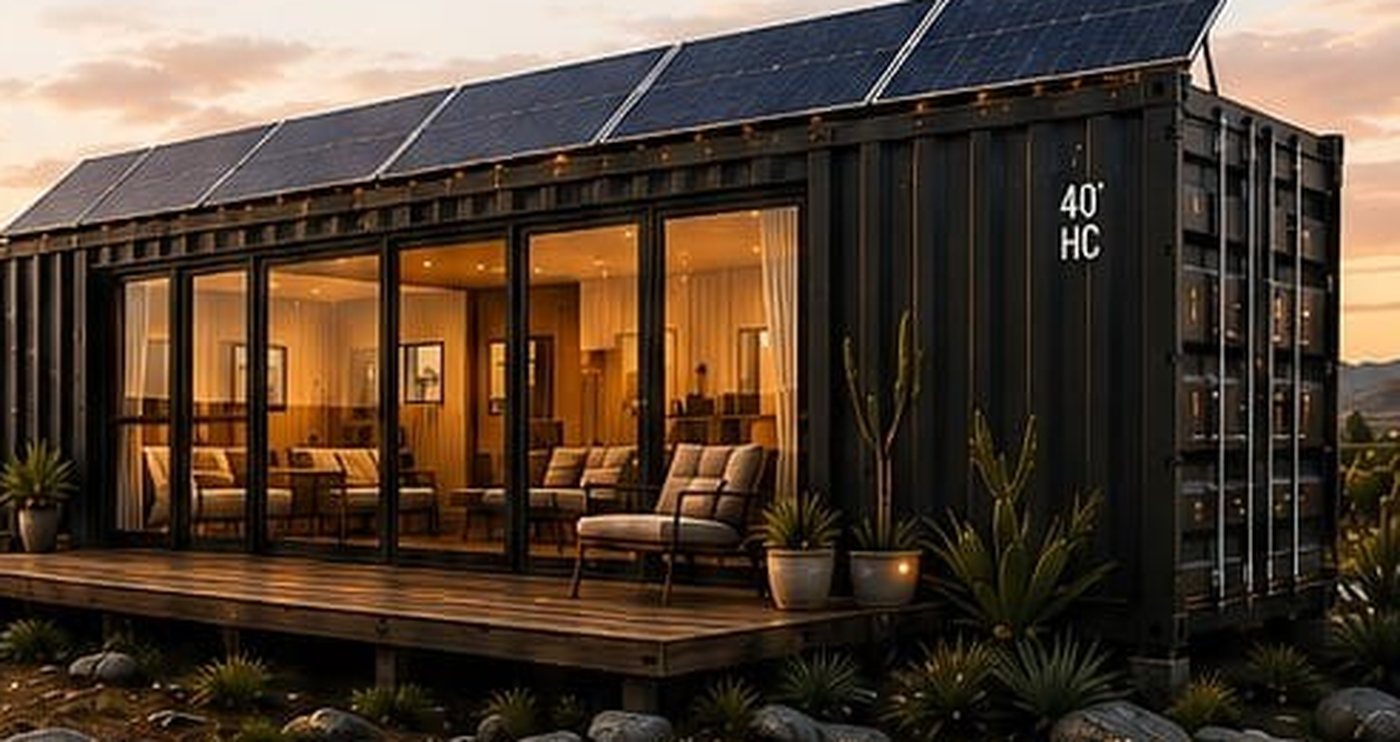 Cabaña en contenedor de 40 pies con paneles solares al atardecer