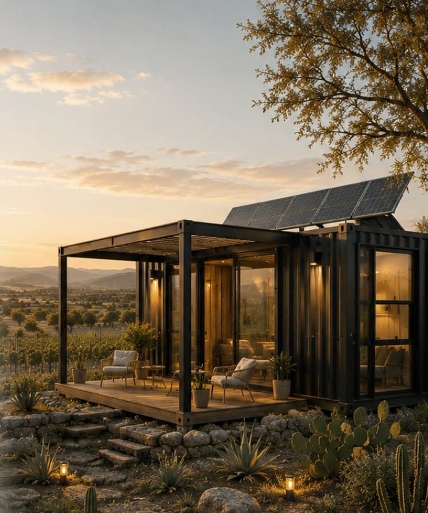 Eco Villa con pérgola y terraza frente al paisaje de Querétaro