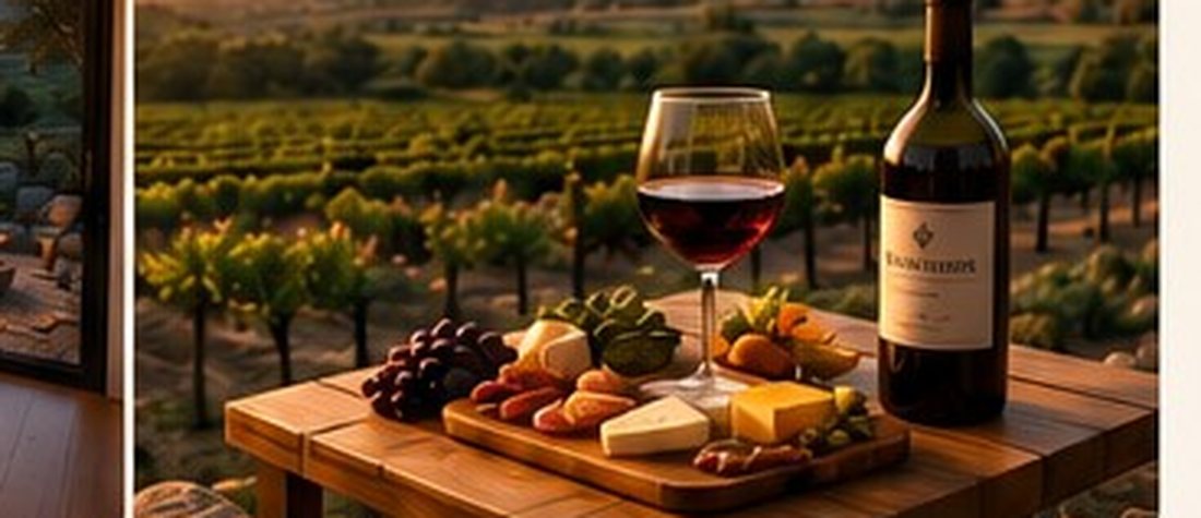 Mesa con vino y tabla de quesos frente al viñedo