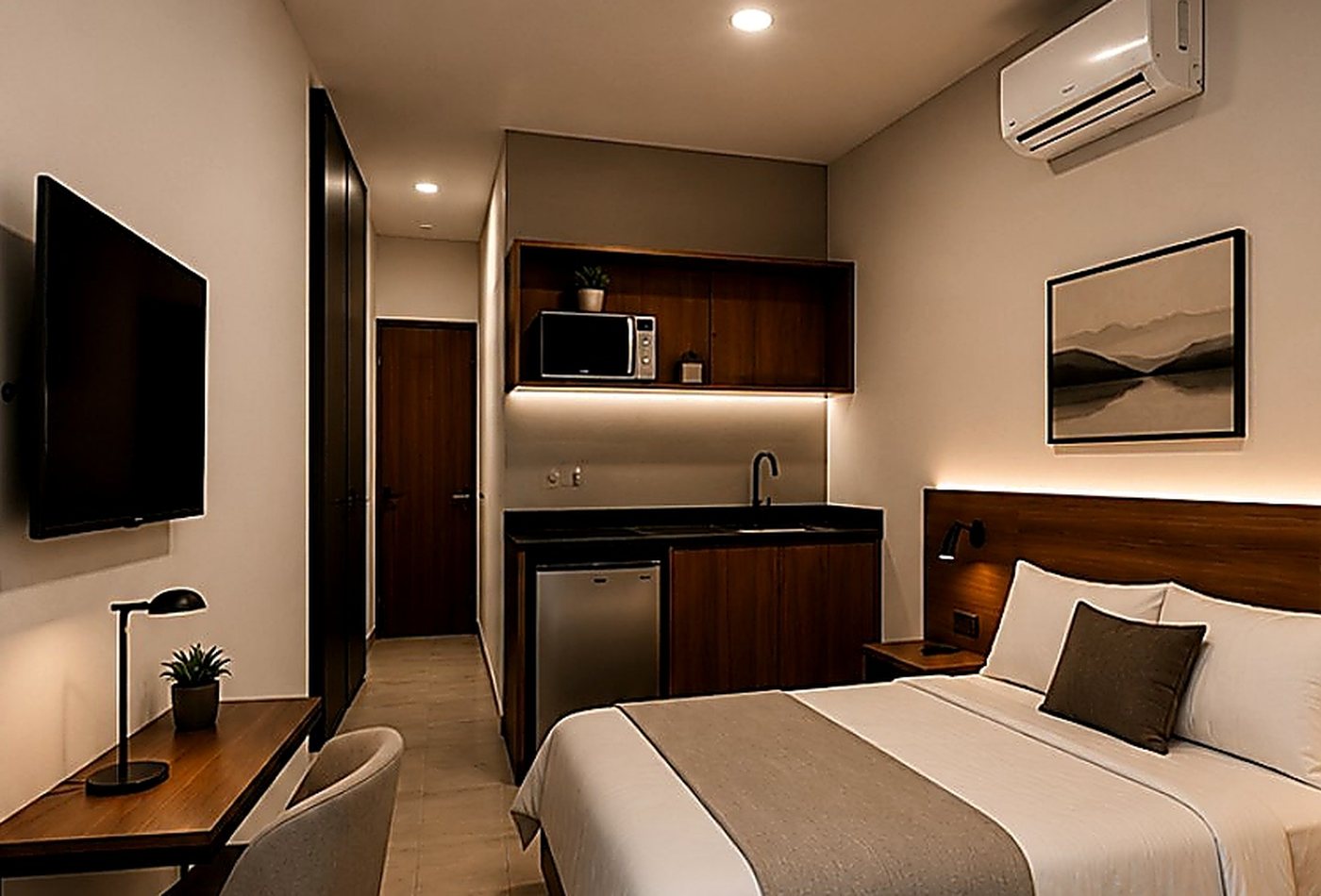 Interior de una suite de larga estadía de La Curva